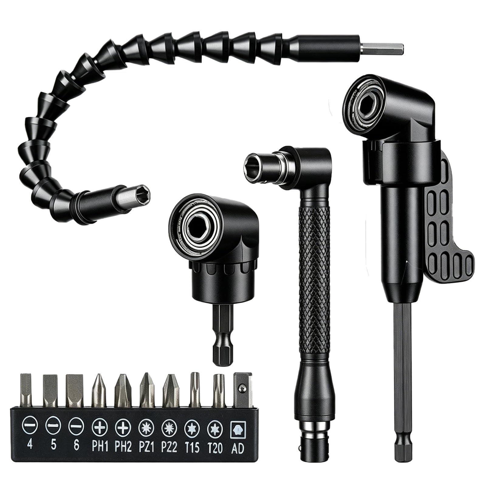 5-Piece Set Right Angle Drill Attachment, Flexible Drill Bit Extension, 90 Degree Drill Adaptor, Angle Drill Attachments for Tight Spaces, with Long and Short Extensions, L-Socket and Flexible Shaft