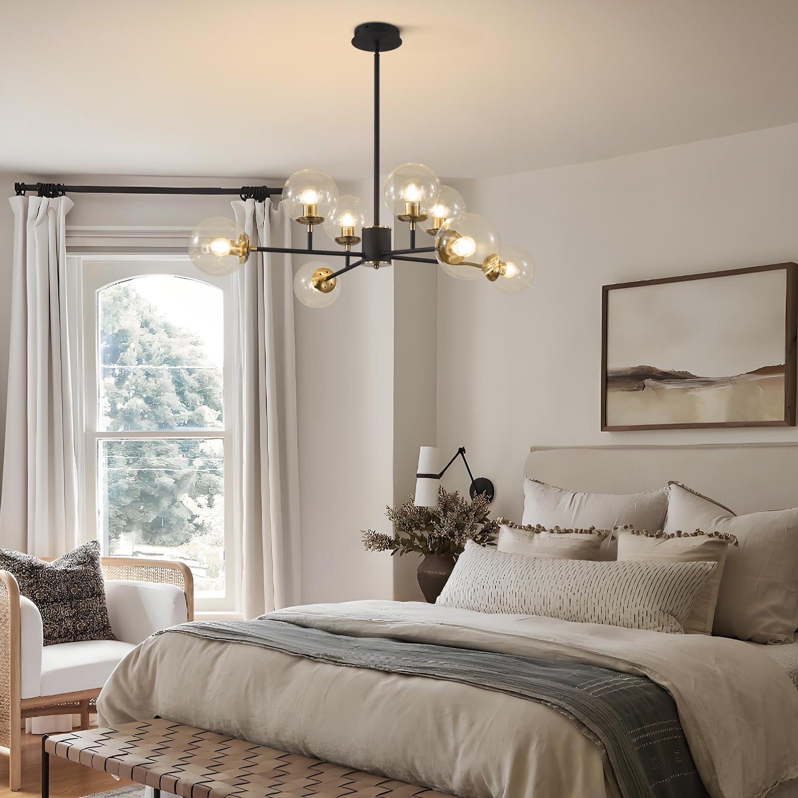 KCO Lampadario Sputnik Nero a 8 Luci per Soggiorno, Lampadario con Sfere di Vetro Ambra per Camera da Letto e Sala da Pranzo, Diametro 90 cm, Altezza Regolabile, Attacco E27