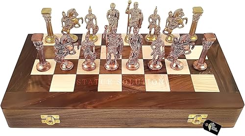 Miniatura 7 de Juego de ajedrez con piezas esculpidas de latón en estilo romano antiguo con tablero plegable de madera de 16 pulgadas, paquete de 1, multicolor