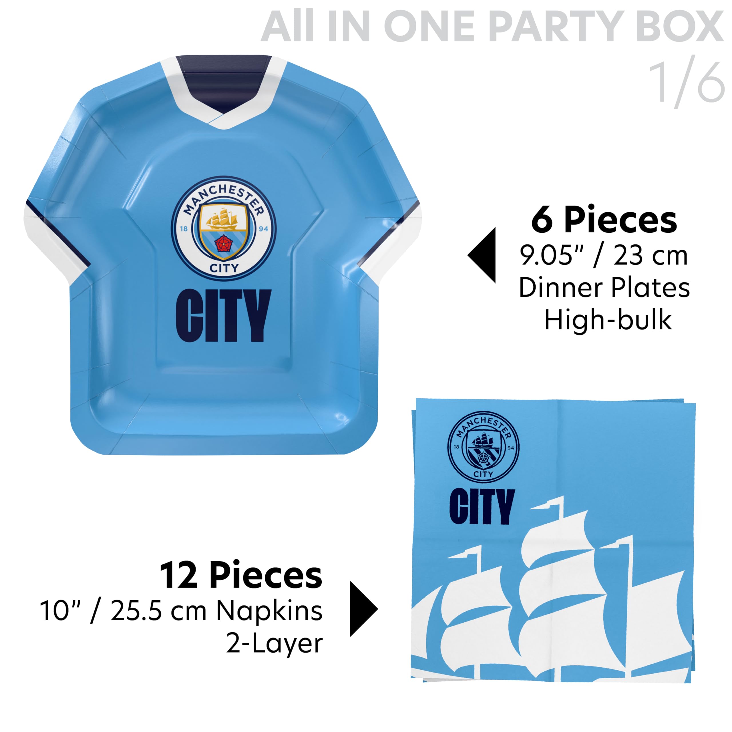 77 szt. ALL-IN-ONE ManCity FC Matchday Party Box dla 6 gości jednorazowa zastawa stołowa, z kulteriami, dekoracjami, balonami foliowymi z dżerseju, upominki na przyjęcie i bezpieczne dla żywności