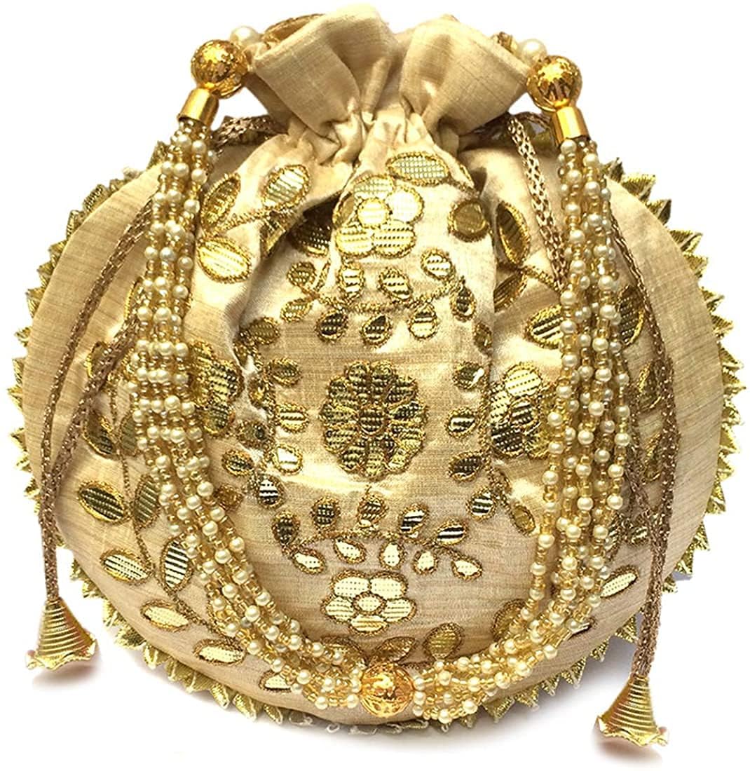 Womens Evening Bag Round Cream Potli Bags for Women Wedding Handbag Evening Bag Clutch Ethnic Bride Purse WIth Pearls Handle (Cream H*L 9*x9.5Inch)