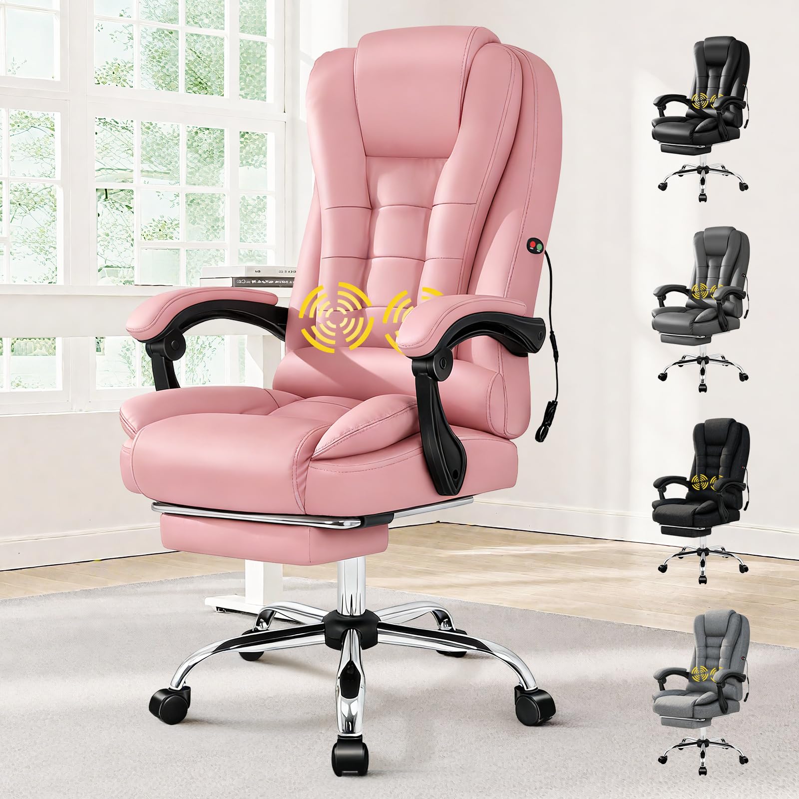 ALFORDSON Ergonomischer Bürostuhl Chefsessel Massage, Schreibtischstuhl Ausziehbare Fußstütze,Computerstuhl Rückenlehne 90-150° neigbar,höhenverstellbarer Drehstuhl,Besprechungsstuhl, PU-Leder, Rosa