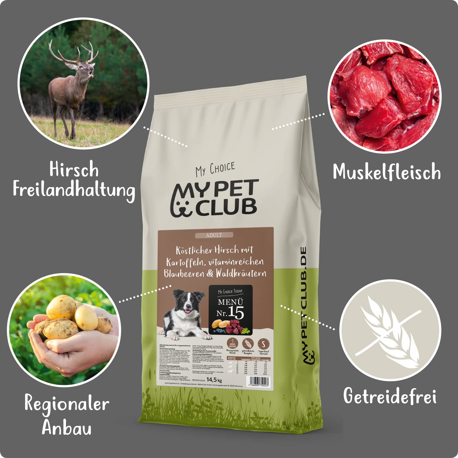 MyPetClub Hirsch Hundefutter 14,5 kg – Getreidefreies Trockenfutter für Hunde sensitiv, hoher Fleischanteil, hypoallergen, mit Kartoffel