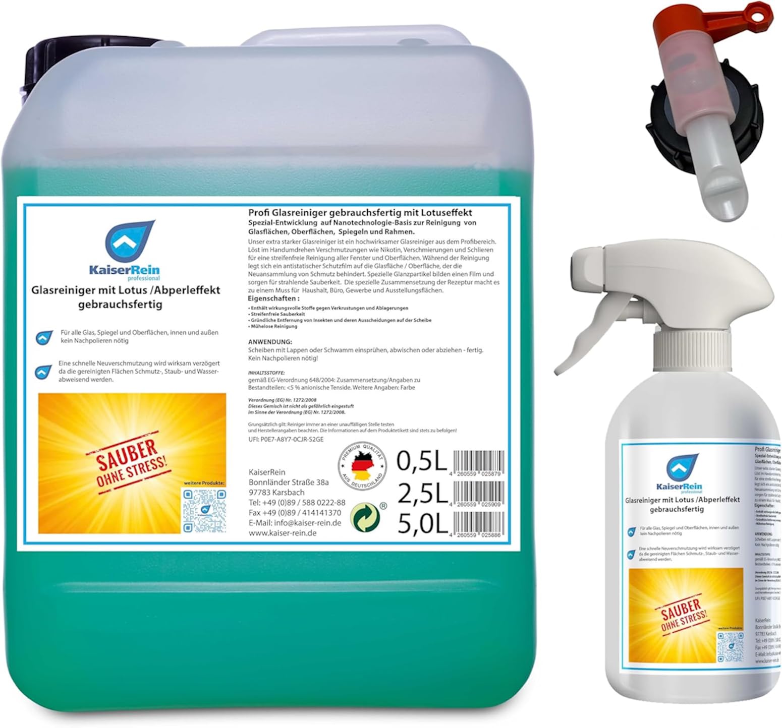 KaiserRein Profi Glasreiniger mit Lotuseffekt Spray 0,5 L Leerflasche + 5 L Kanister & Hahn Fensterreiniger gebrauchsfertig