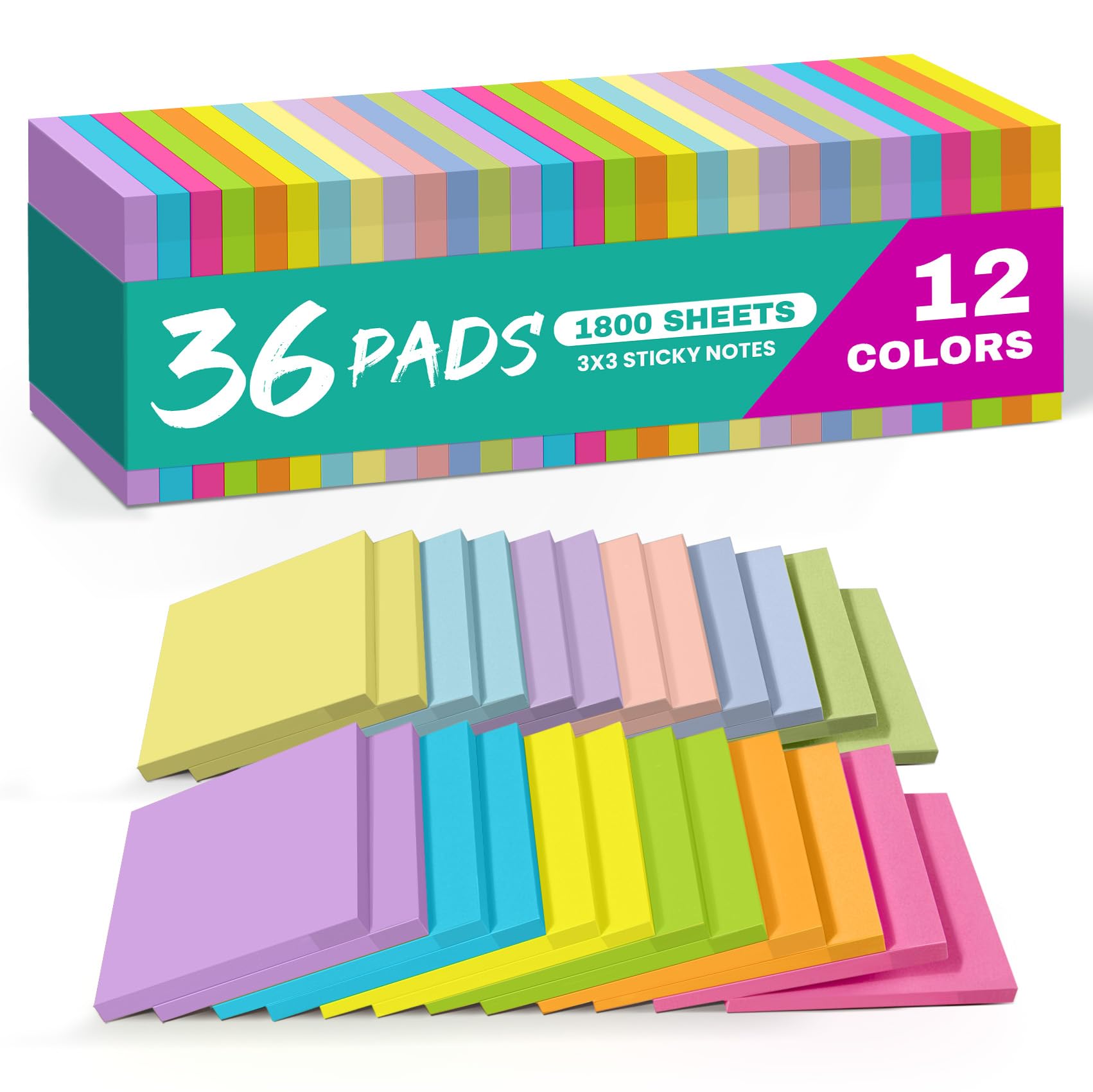 Taja Sticky Notes, 36 Pads, 3x3 Inches Self-Stick Note Pads, Perfect for Office, Study, and Daily Life Organization - Bright