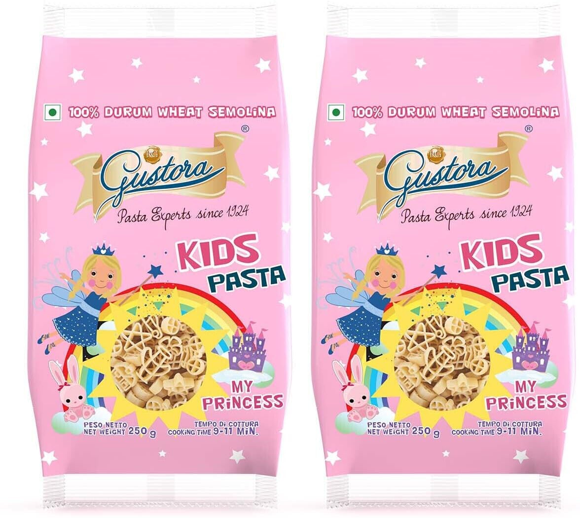 Gustora My Princess Assorted Kids Pasta I Made of Durum Wheat Semolina I No Maida I Vegetarian I Rich in Protein & Fibre I Zero Cholesterol I Cooking Time 10 Min (250G X 2)