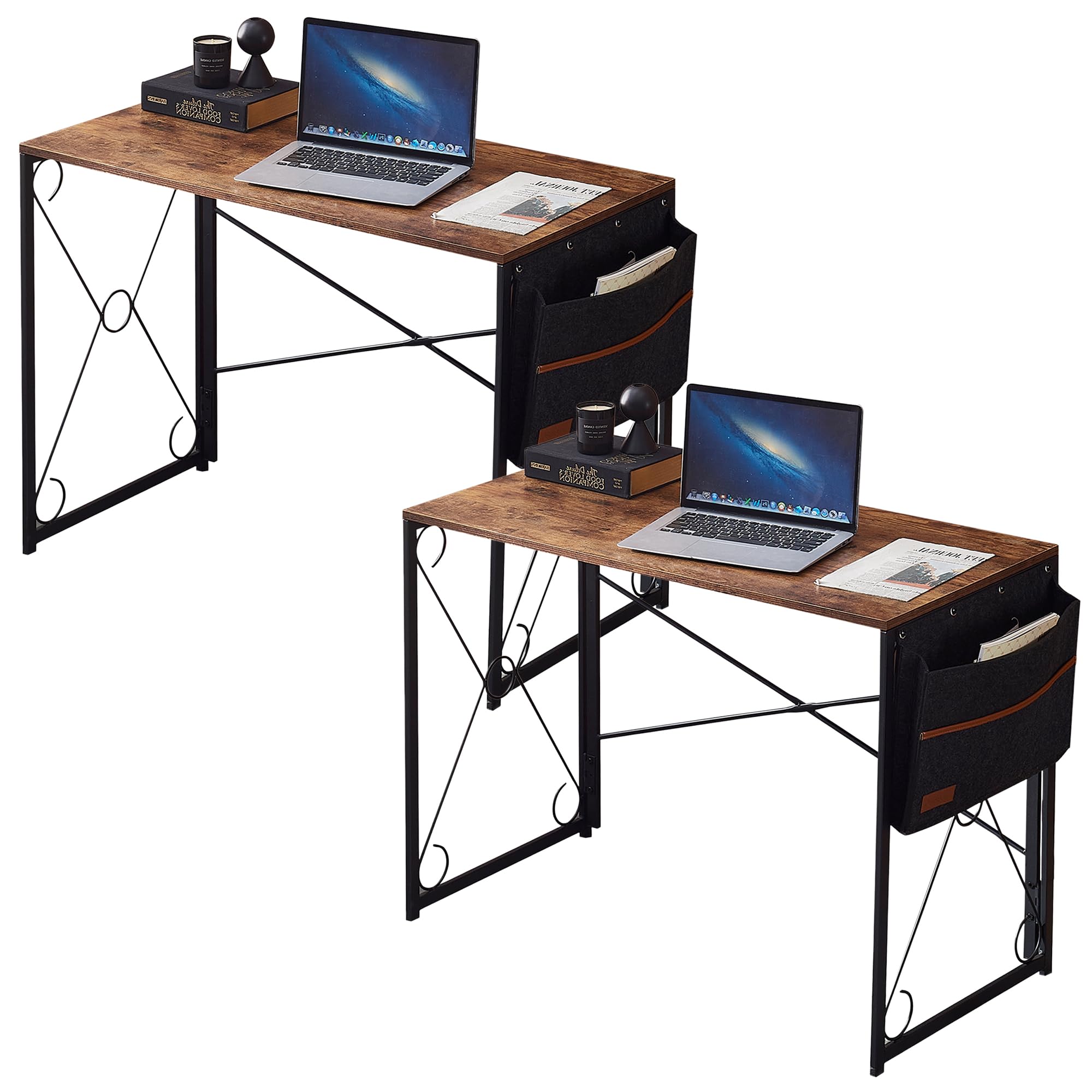 VECELO 39 Inch Folding Desk Simple Assembly, Writing Computer Desk for Home Office Study Office Foldable Table for Small Spaces,Classic Brown,2 Set
