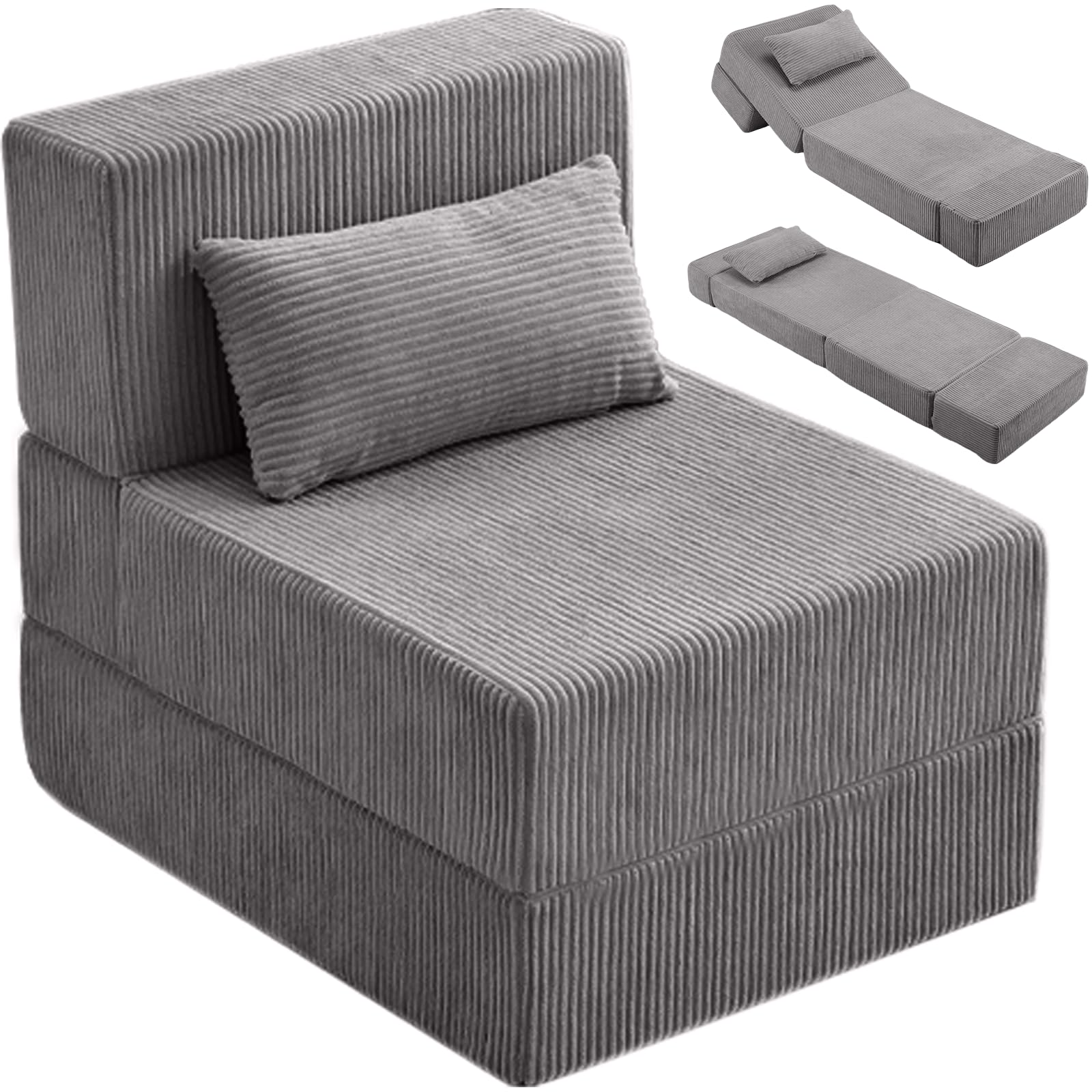 Folding Sofa Bed,Convertible Fold Out Couch,Portable Foldable Floor Mattress Sleeper Chair with Pillow,Adjustable Backrest Support,Lazy Sofa for Living Room,Single,Dark Grey