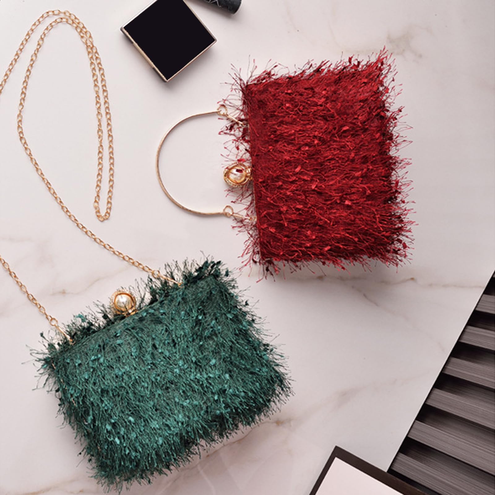 CORIOS Borsetta da Sera con Nappina Donna Strass Clutch Pochette Piccola con Catena Scintillante Elegante a Tracolla Sposa Perle a Spalla Verde Scuro