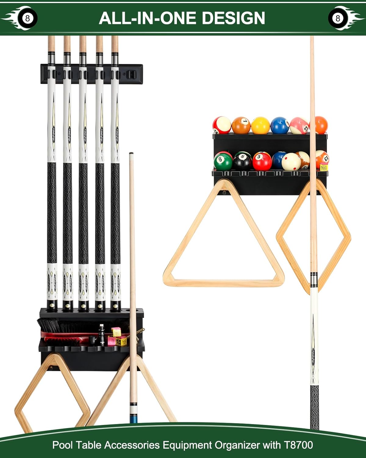 Wall Mount Billiard Balls Rack- Hardwood Billiard Balls Holder & 6 Pool Stick Holder for Cues Sticks Storage Pool Table Accessories Equipment Organizer thumbnail