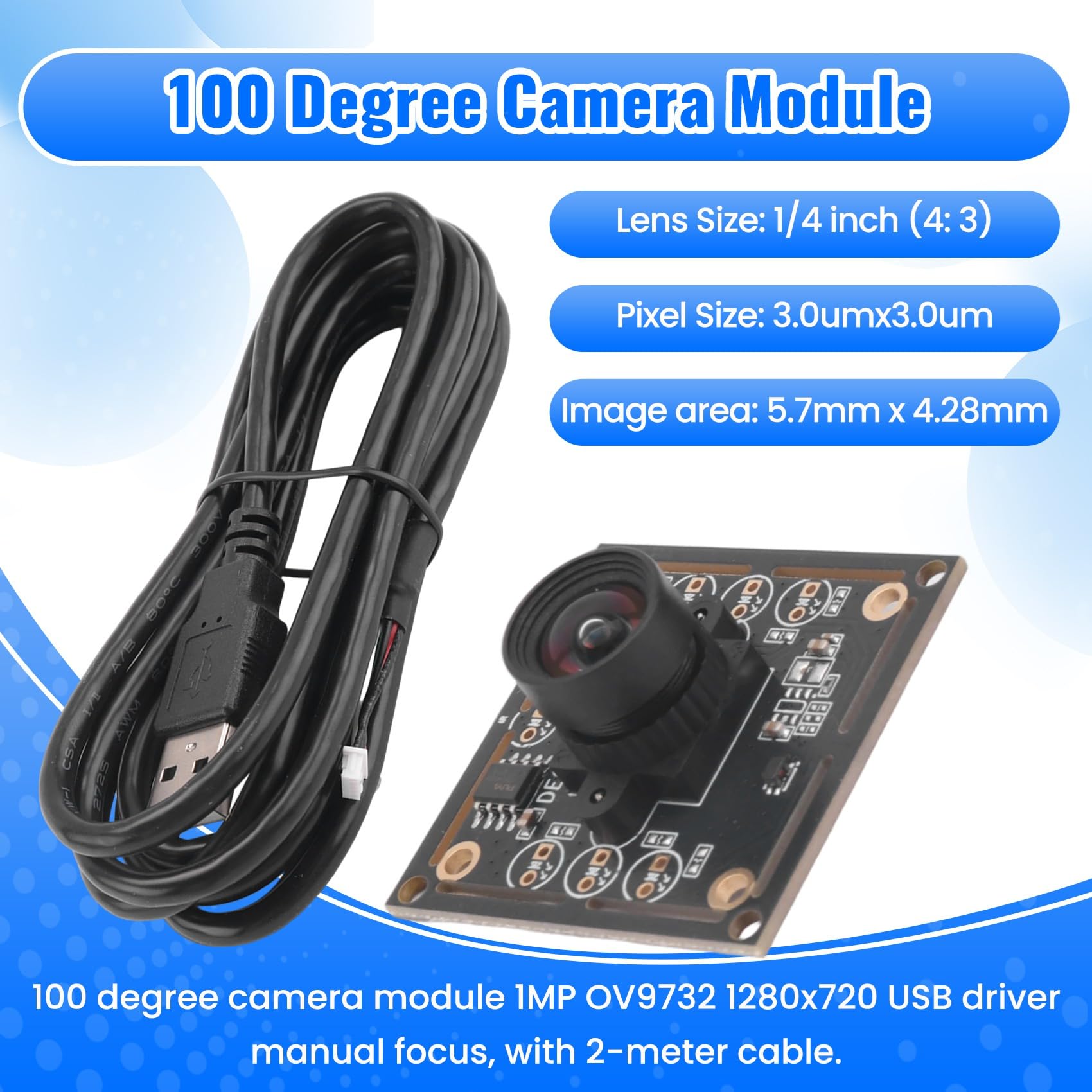 Jevina 3 STK. 100-Grad-Kameramodul 1 MP OV9732 1280 X 720 USB Kostenloser Treiber Manueller, mit 2 Meter Kabel für WinXP/7/8/10