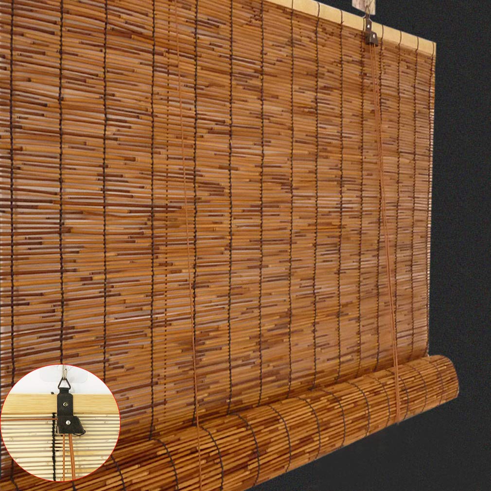 Rétro Carbonisation Rideau de Roseau Pare-Soleil, Store en Bambou Enrouleur, Rideau de Paille pour Extérieur/Patio, Personnalisable (130x150cm/51x59in)