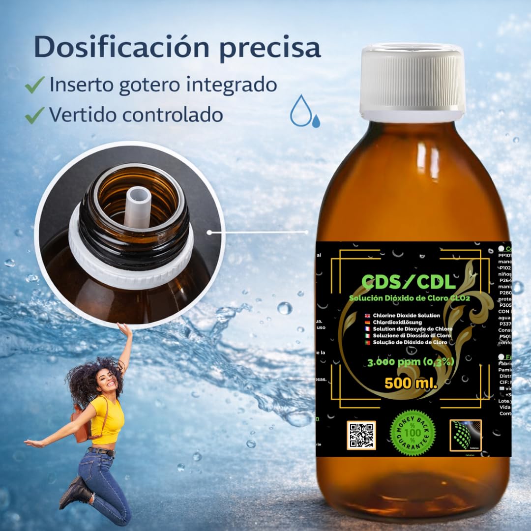 CDS/CDL 3000 ppm 500 ml | Roztwór dwutlenku chloru w butelce ze szkła bursztynowego z korkiem bezpieczeństwa i dozownikiem | Wysoka czystość i dokładne dozowanie | Ekskluzywne zastosowanie
