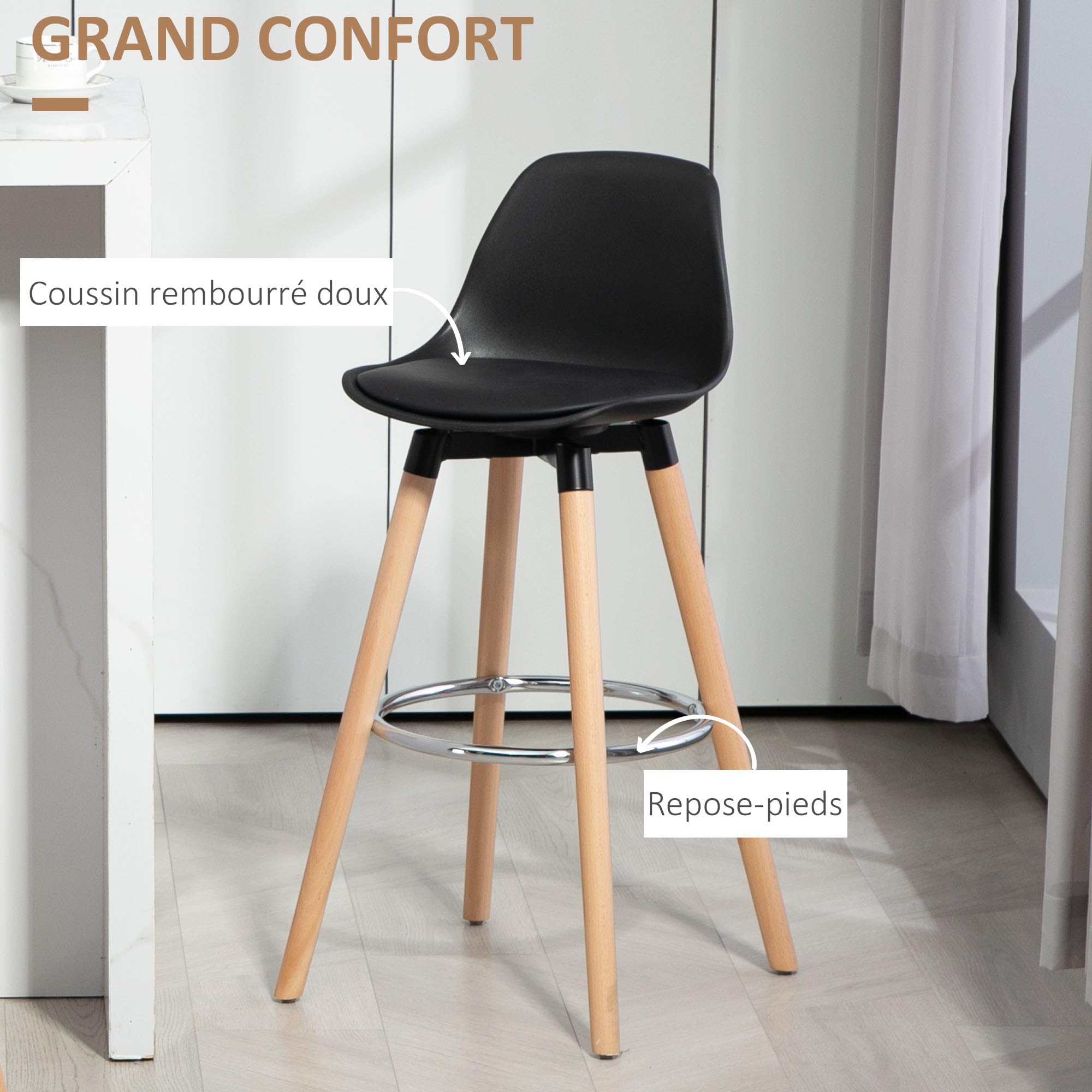 HOMCOM Lot de 2 Tabourets de Bar, Pieds en Bois, Style Moderne, Noir
