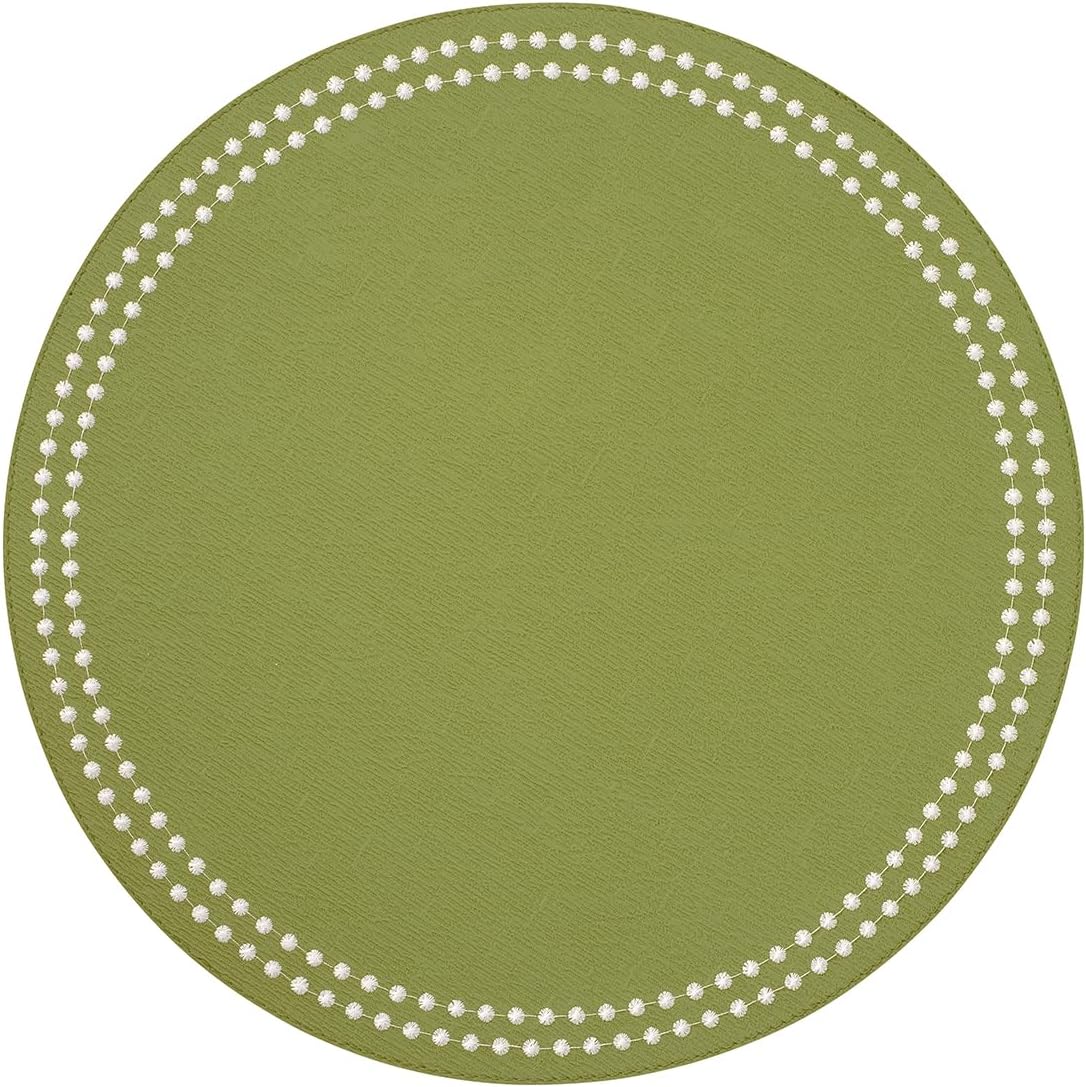 Bodrum Pearls Round Embroidered Placemats Set of 4 – 15" Elegant Table Mats for Dining, Weddings & Special Occasions, Decorative, Wipe-Clean Vinyl Placemats, Iceberg/White