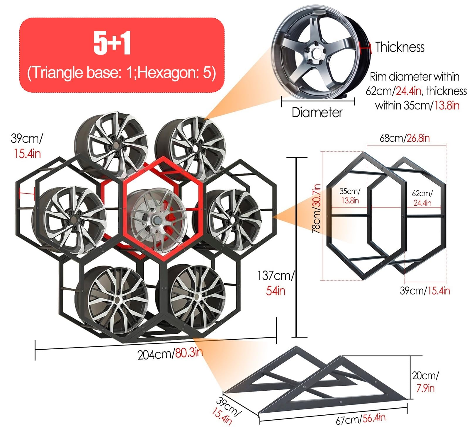 Porta Pneumatici per impieghi gravosi - Porta Pneumatici modulare Indipendente per Cerchi e mozzi, Ideale per concessionarie 4S e Punti Vendita al Dettaglio, Design Esagonale Rosso (5+1)