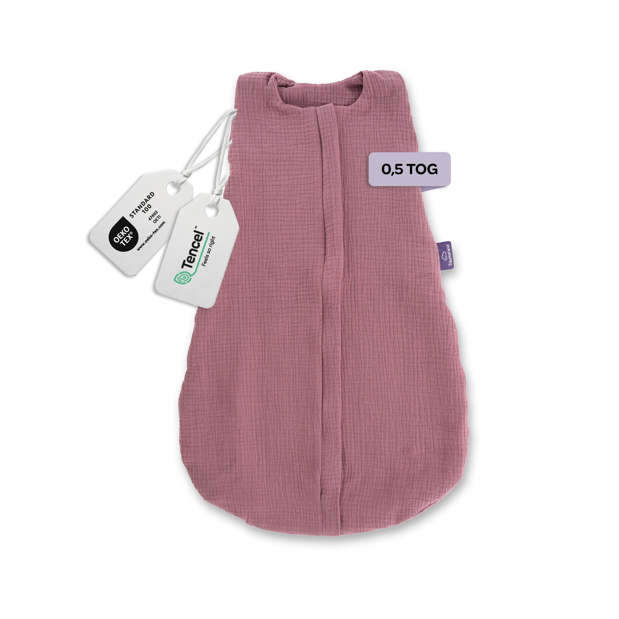 TRÄUMELAND – Baby Sommerschlafsack in pflaume 0.5 TOG, leichter atmungsaktiver Schlafsack aus Musselin für warme Sommernächte, Öko-Tex 100 zertifiziert, schadstofffrei & hautfreundlich