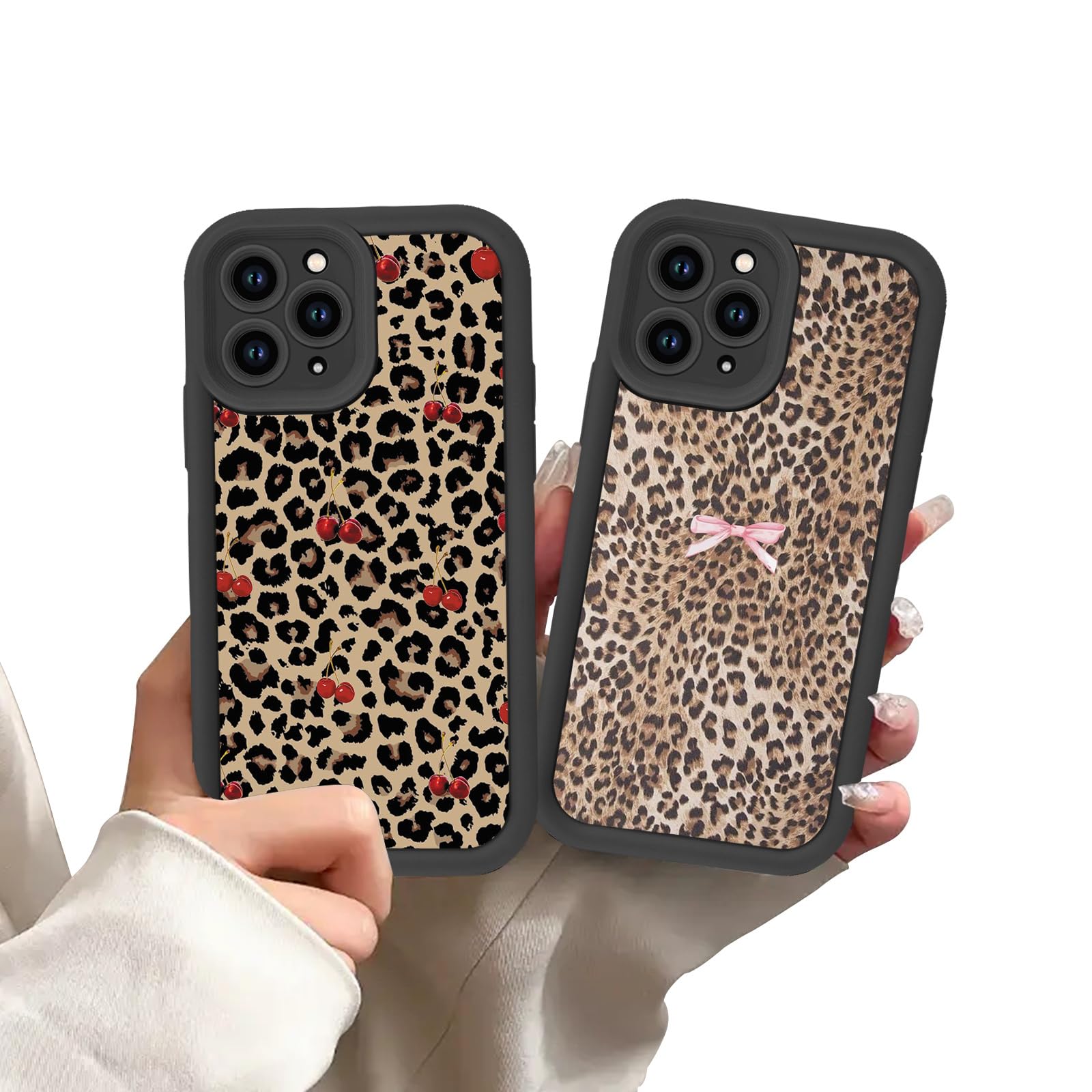 Zrutru 2 Pack Cheetah Print Phone Cases for iPhone 16 Pro Max Cherry Bow Leopard Case,TPU Bumper Shockproof Black Funda for Women Girls Drop