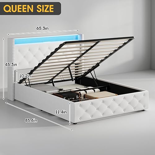 Miniatura 18 de Vabches Base de cama de tamaño matrimonial con cabecera LED, plataforma tapizada de terciopelo con luces y estación de carga, cabecera de