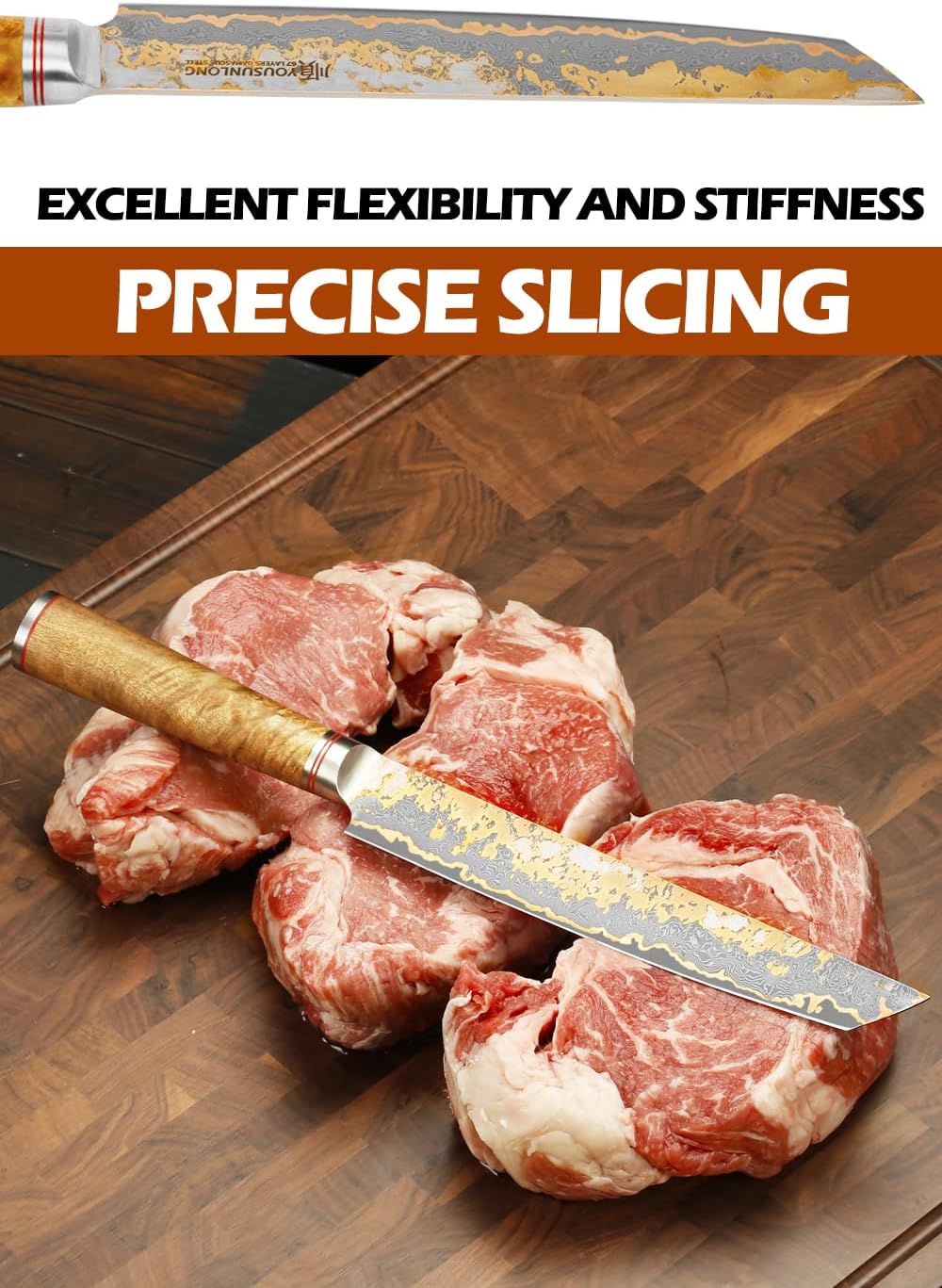 YOUSUNLONG Sashimi Slicing Knife - 8 Inch Sujihiki Yanagiba Knife - Super Sharp Slice - Japanese Handmade Copper Damascus Steel Blade - Naturel Burl Wooden Handle with Leather