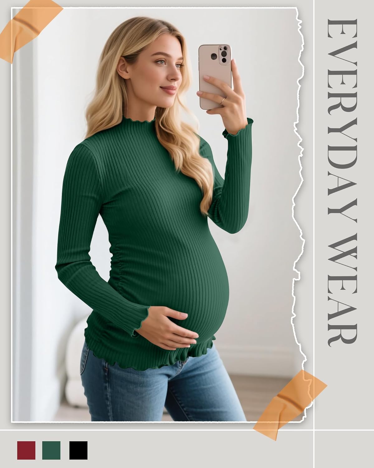 Huukeay 3 Pack Women's Maternity Shirts Ribbed Knit Pregnancy Tops Long Sleeve Mock Neck Basic Tunic Fall Clothes - Image 2