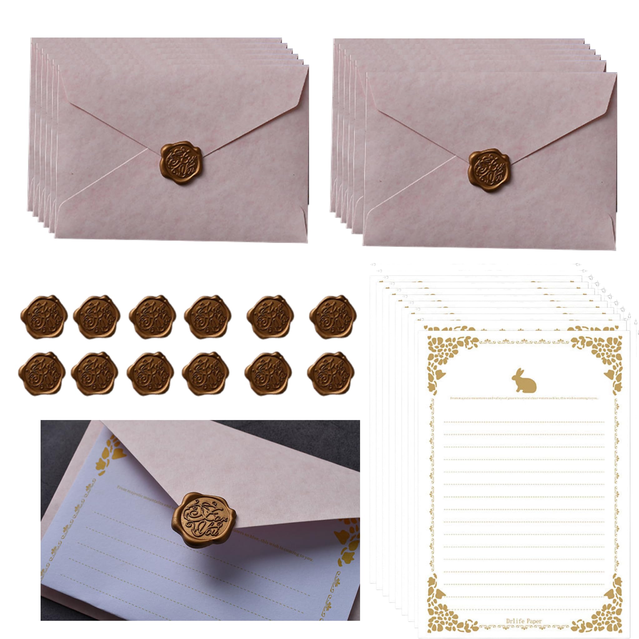 48 Pcs Pink Letter Writing Set for Girls Rabbit Theme Writing Paper and Envelopes Sets with 12 Wax Seals 24 Sheets Vintage A5 Letter Paper Set for Wedding,Greeting Cards, Invitations, Letters in Cream