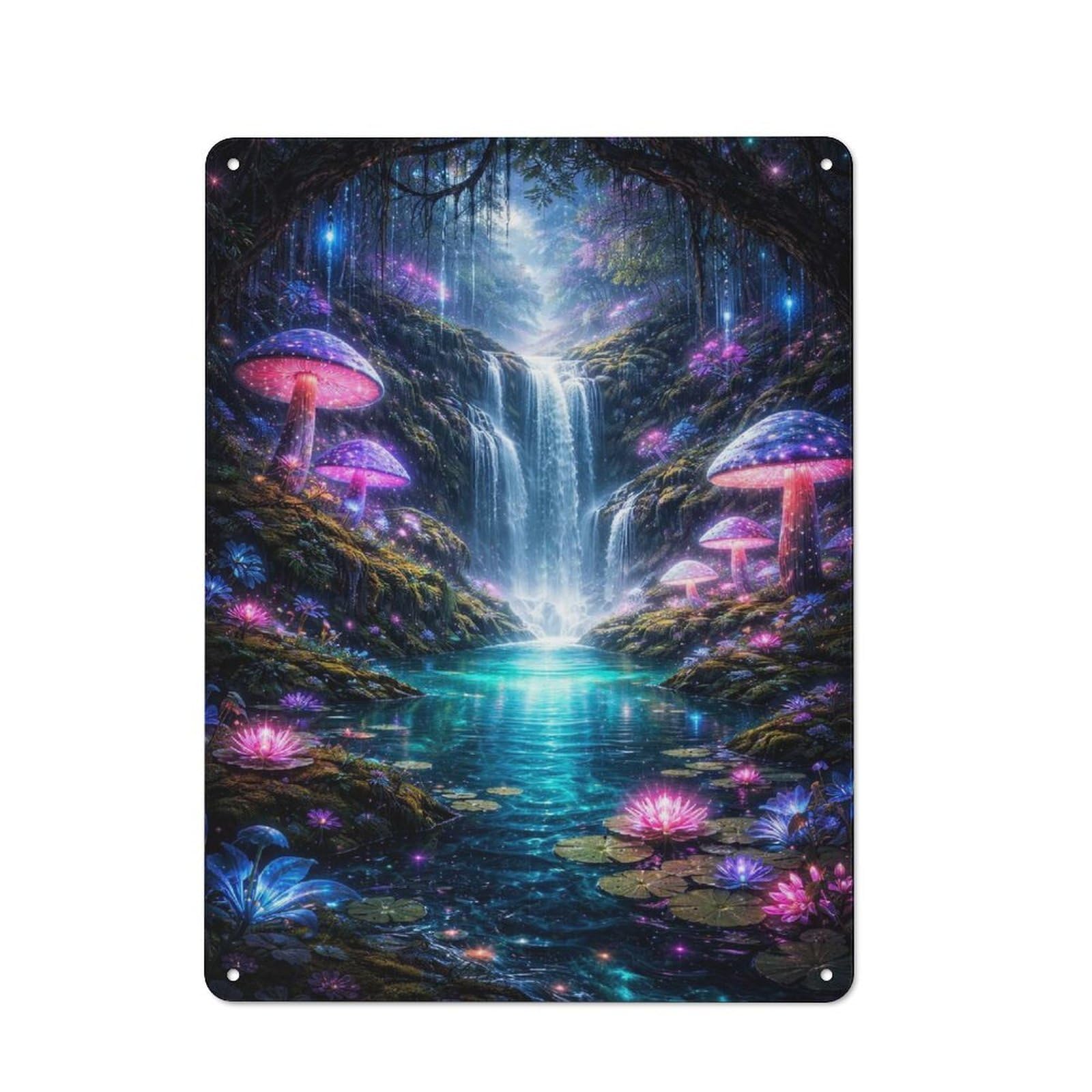 Forest Waterfall with Glowing Mushrooms Vintage Metal Wall Decor 40x30cm, Vintage Metal Sign for Cafe, Bistro, Bakery Or Restaurant
