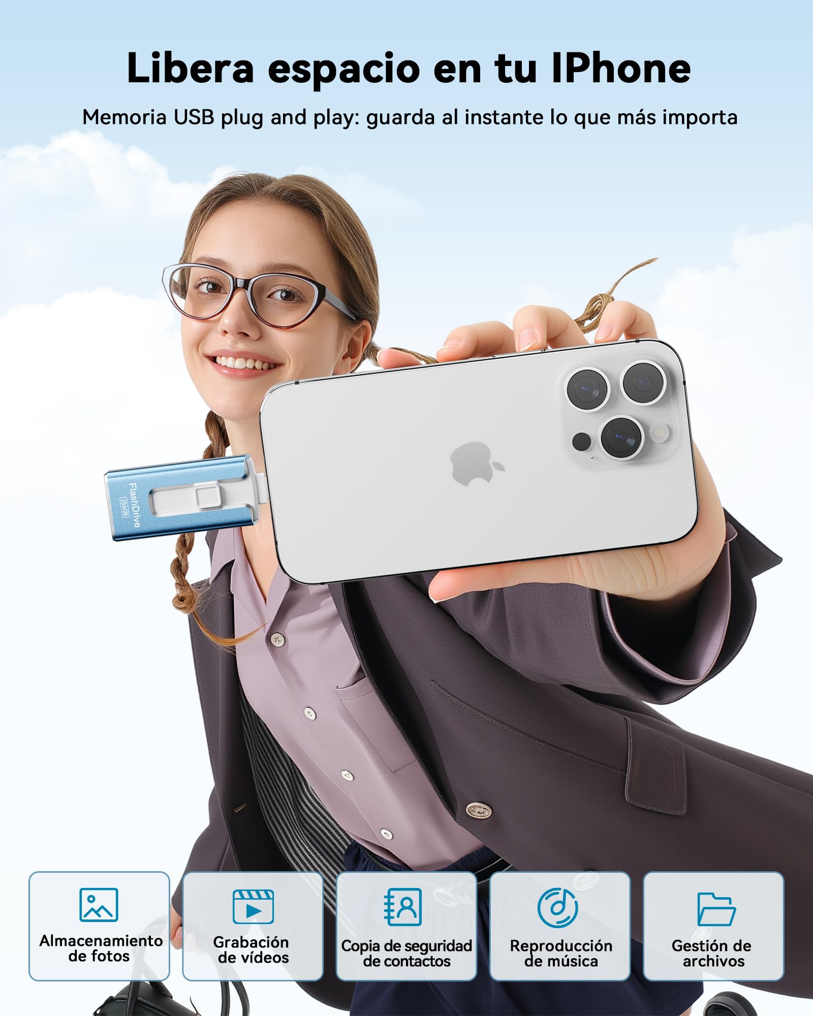 Memoria USB 256GB para iPhone, Memoria Externa iPhone con Certificación MFi, Pendrive lPhone USB-C & Lightning 3-en-1 para lPhone/iPad/Android/PC, Memoria USB 3.0 para Fotos y Vídeos, Azul