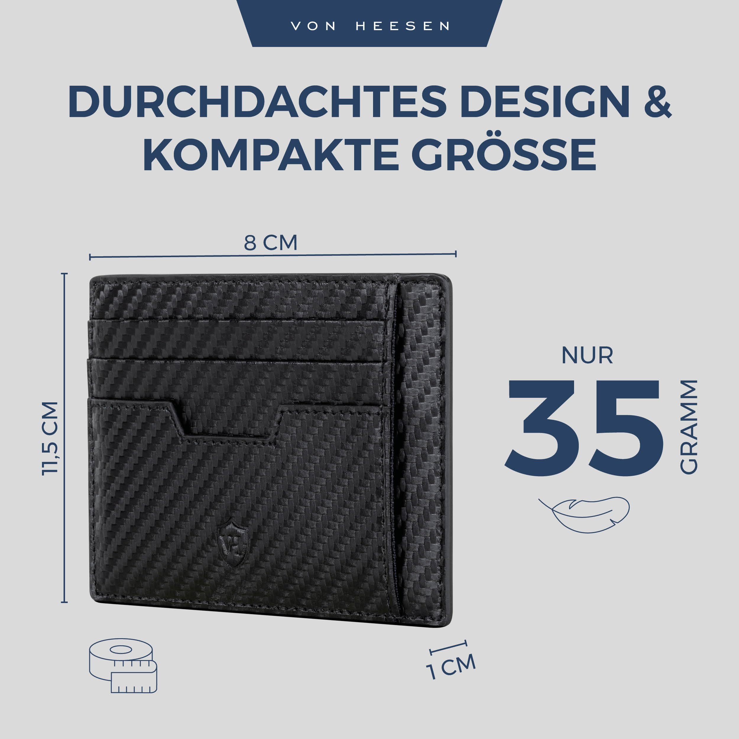 VON HEESEN Kartenetui mit RFID Schutz - 9 Fächer - Querformat Kreditkartenetui für Damen & Herren (Carbon-Schwarz)
