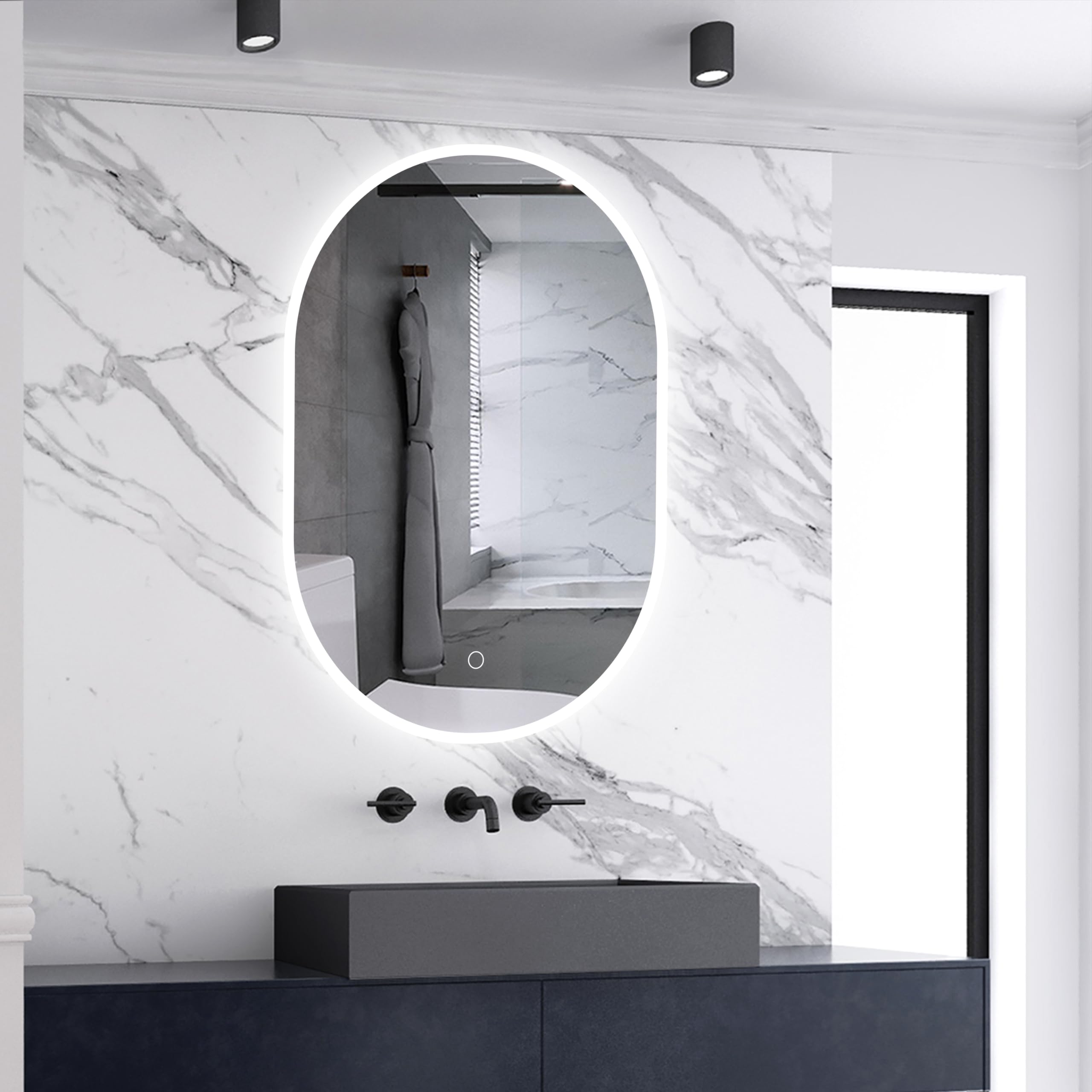 Skybathroom - Espejo de baño ovalado iluminado con LED, sensor táctil, luz fría, 6000 K, antivaho, vertical/horizontal, 50 x 70 cm