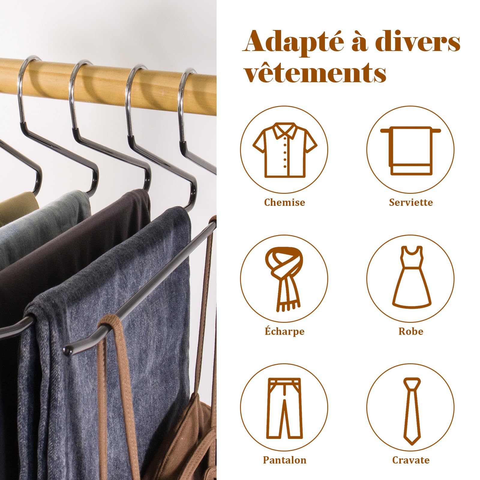 Cintres Pantalons,Lot de 30 cintres antidérapants à extrémité Ouverte pour Pantalons, Pantalons, écharpes - Noir