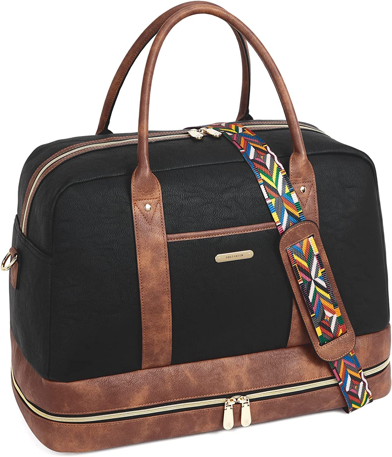 BOSTANTENTravel bag, leather bag, shoulder bag, weekender bag, hand luggage, shoulder bag, A-black with brown 2310, (L) 48x (B) 23 x (H) 35 cm, Travel bag