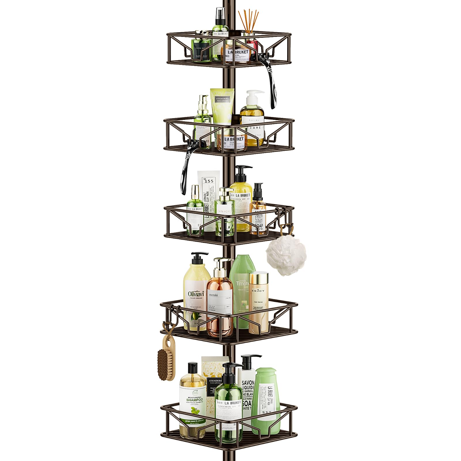 Photo 1 of **PARTS ONLY**Skycarper 5 Tier Adjustable Corner Shower Caddy Organizer with Hooks,Rustproof Tension Pole 62-116 Inch, Black