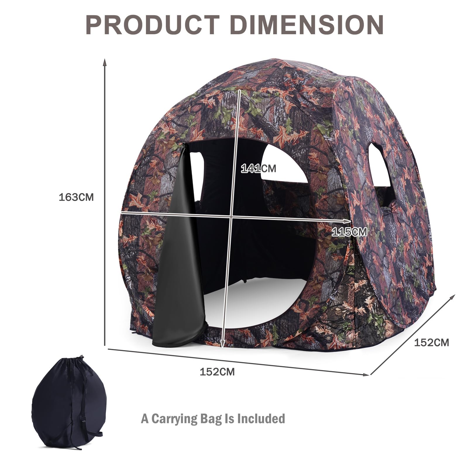 HOMASIS Tenda da Caccia per 2-3 Persone, Capanno Mimetico con 3 Finestre e Porta, Tenda da Caccia Portatile con Borsa per Il Trasporto, 152 x 152 x 163 cm