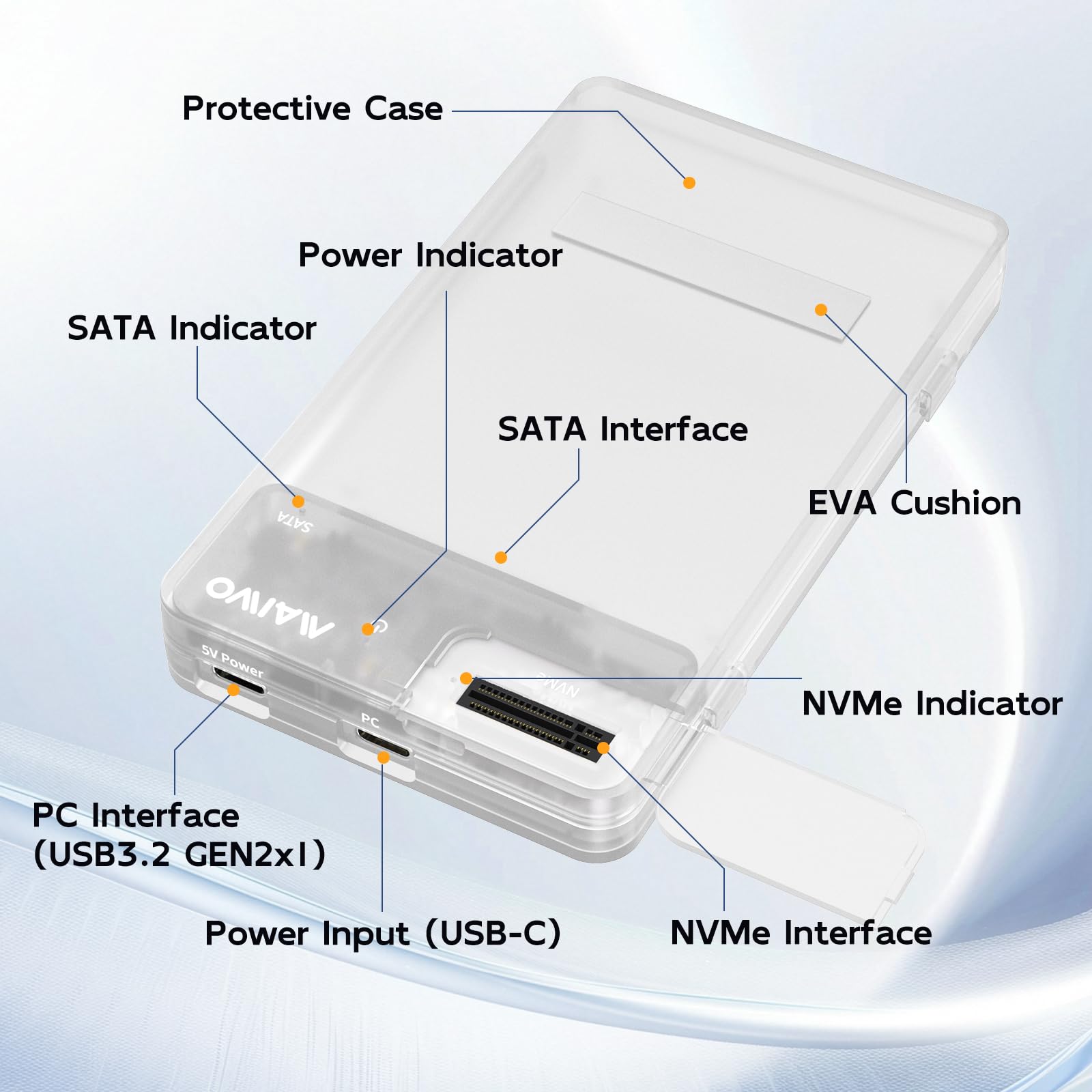 MAIWO Carcasa SSD M.2 NVMe, adaptador SATA a USB, convertidor de lector de disco duro sin herramientas de 10 Gbps para PCIe NVMe M Key y SATA SSD HDD de 2.5 pulgadas, con adaptador de corriente de