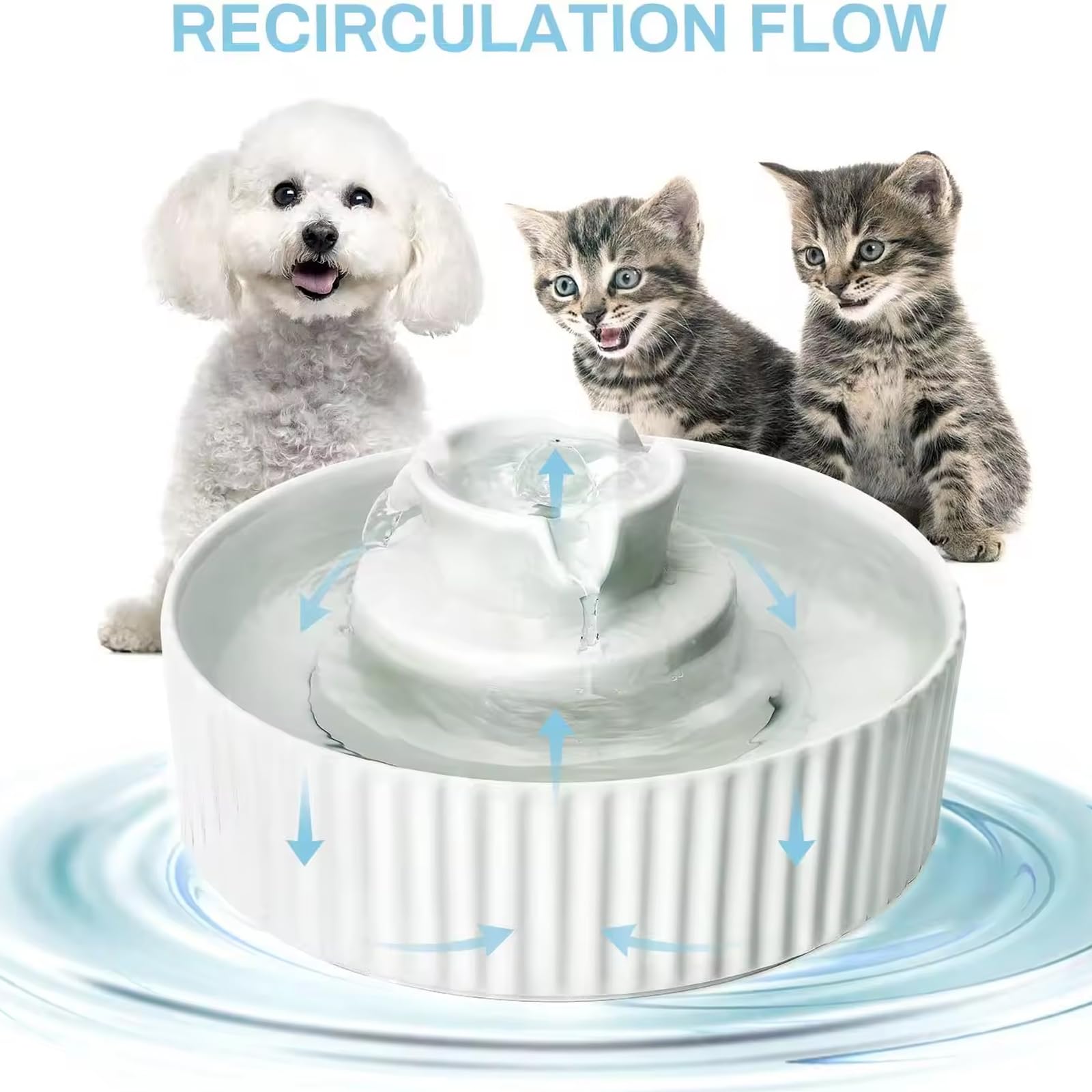 TsoLay Fontana per Gatti in Ceramica, Fontanella per Animali a Circolazione Automatica da 2,1 Litri con Pompa Silenziosa E Filtri di Ricambio, Flusso d'Acqua Silenzioso, per Gatti