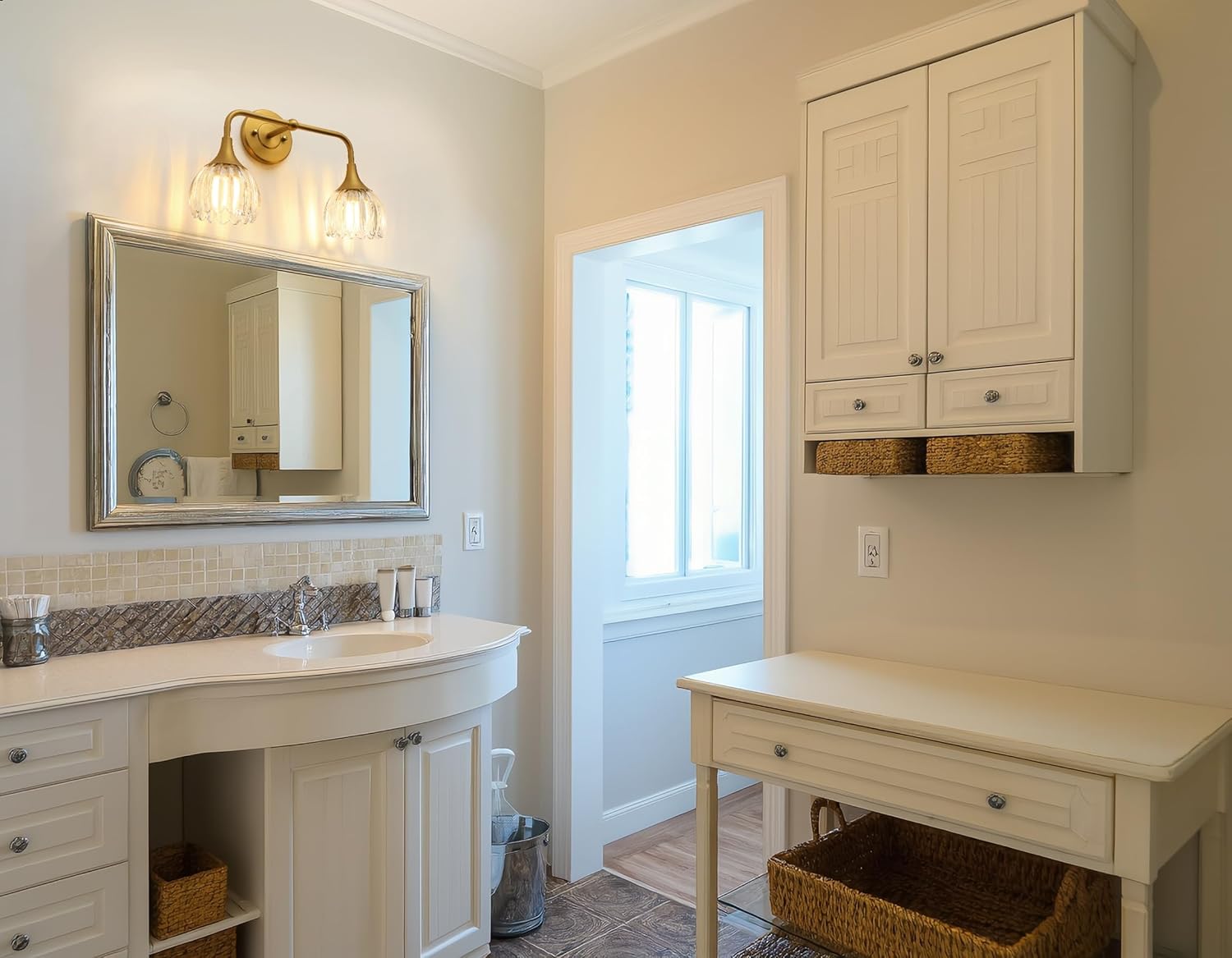 Phansthy Bathroom Vanity Light Fixtures, Hardwired 2-Light Modern Sconces Wall Light Over Mirror with Clear Tulip Glass Shade for Bedroom Living Room Hallway Kitchen (Antique Gold + Clear Shade)