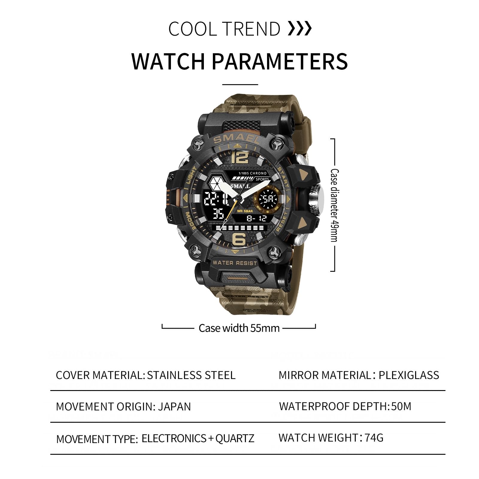 Reloj Deportivo Impermeable Militar multifunción con Doble Pantalla LED analógica para Hombre