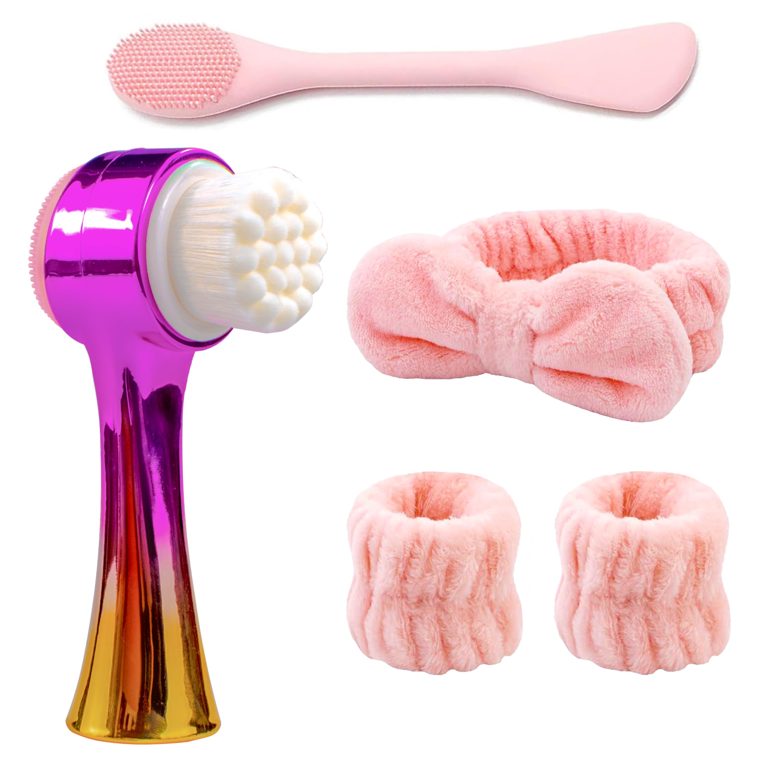 Gesichtsreinigungsbürste, 2-in-1, doppelseitige Gesichtsreinigungsbürste mit weichen Borsten für tiefes Porenpeeling, Wasch-Make-up, Massage, Gold und Rosa, 4 Stück