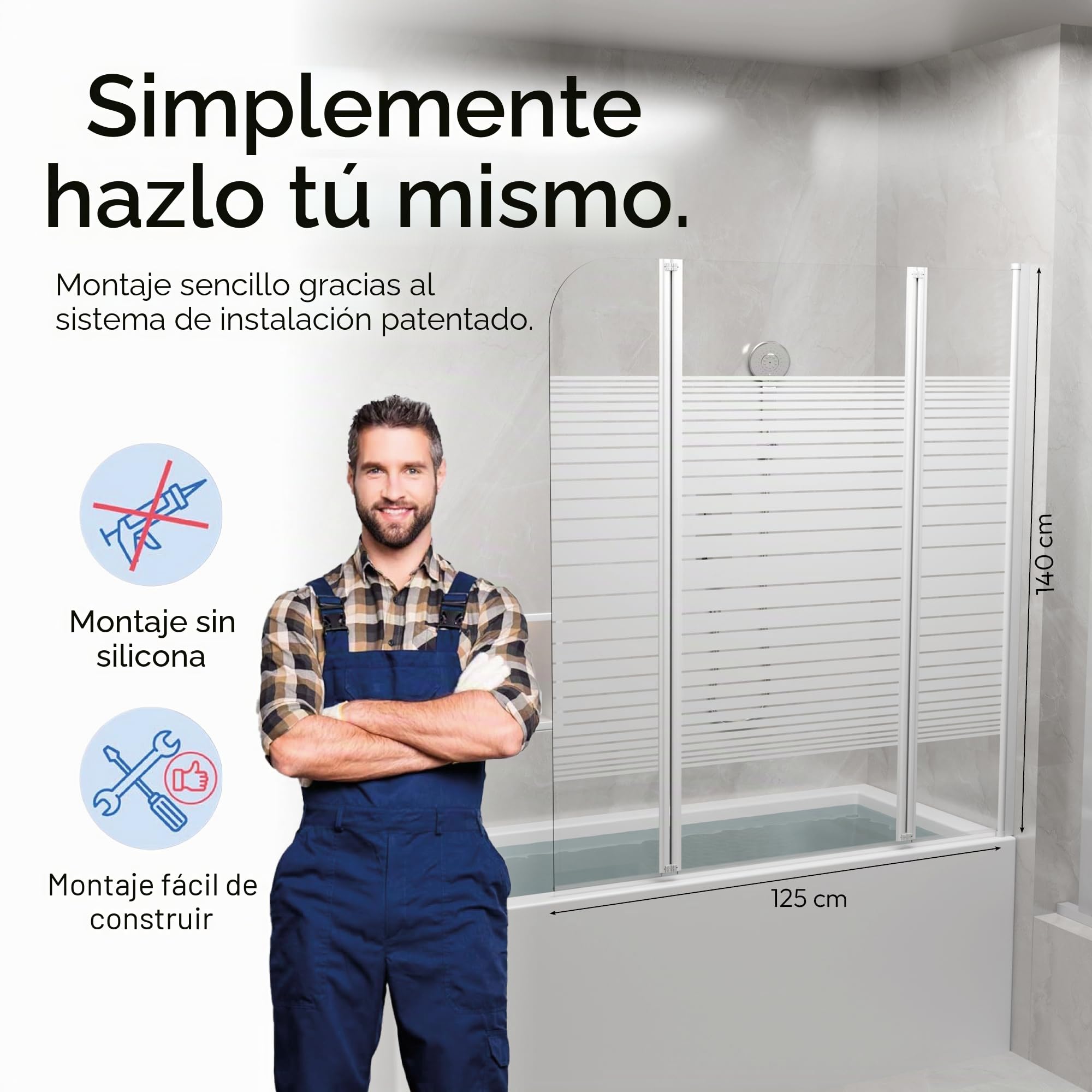MARWELL White Lines - Mampara de ducha para bañera (125 x 140 cm, 3 piezas, plegable, color blanco mate), mampara de ducha de vidrio templado de seguridad de 4 mm de grosor