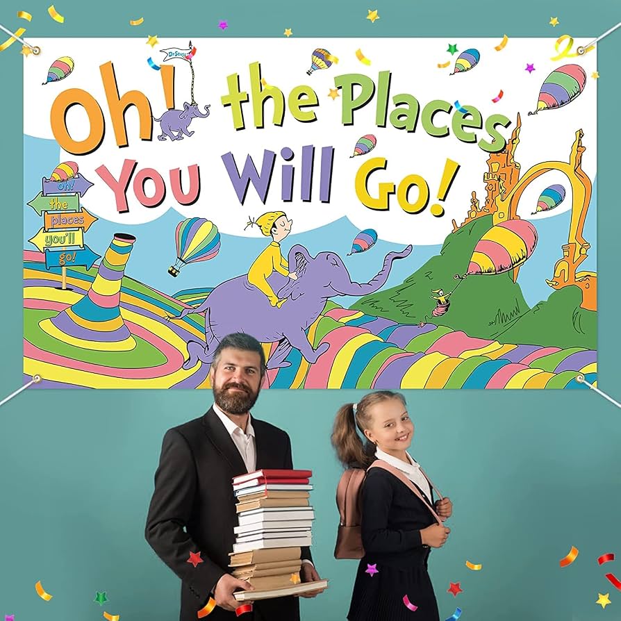 Dr. Seuss 'Oh The Places You'll Go' Banner – Gold & Blau Für Babyparty, Geburtstag & Abschluss