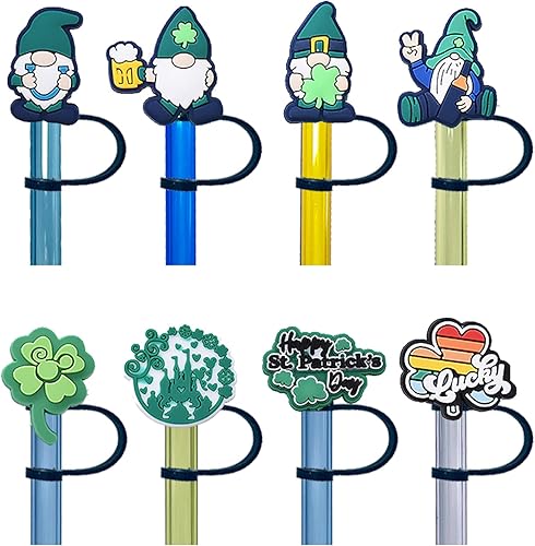 Kleeblatt Tapa de popote para el día de San Patricio, 8 piezas de bonitas puntas de pajitas de silicona reutilizables, adornos de paja para vasos,