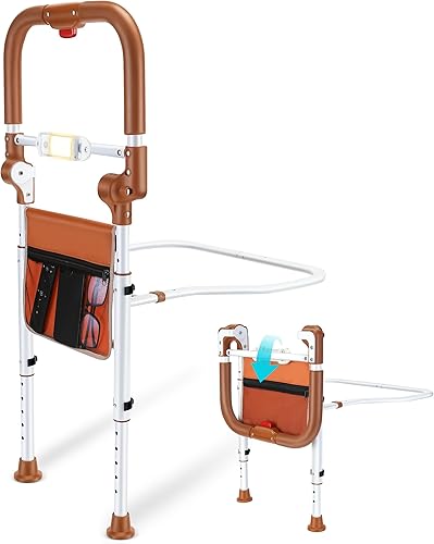 Rieles de cama para adultos mayores, rieles de cama plegables para personas mayores con alturas ajustablesluz con sensor de movimientobolsa de
