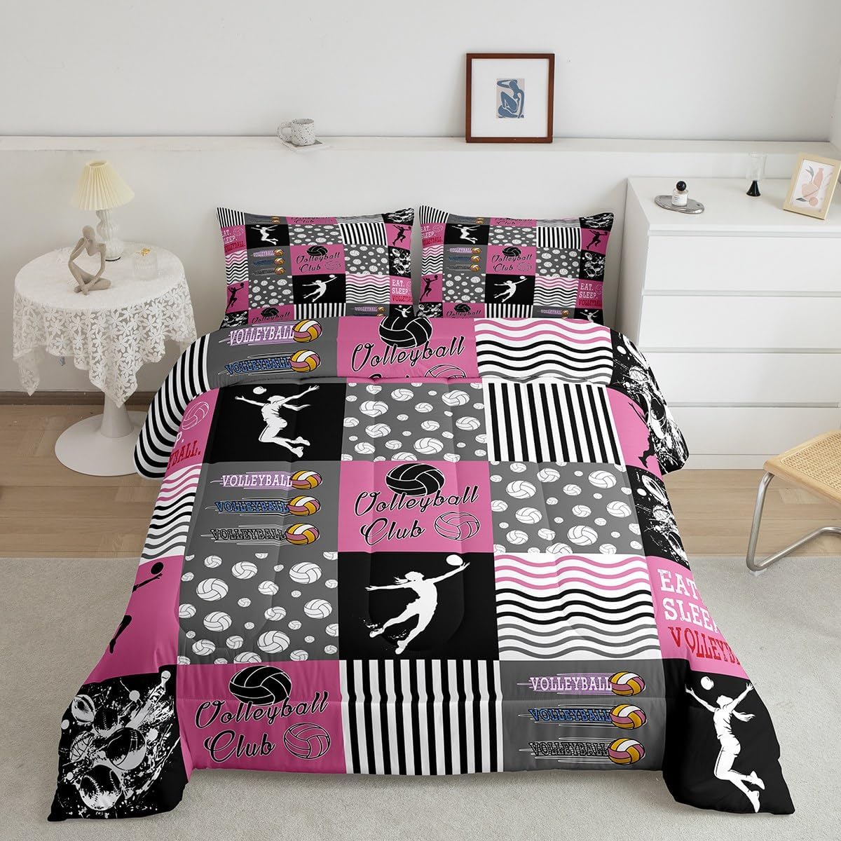 Feelyou Volleyball Comforter Set Twin Size for Kids Teens Girls Woman Sports Game Bedding Set Ultra Soft Ball Sports Theme Duvet Quilt Volleyball Player Duvet Bedroom Decor Ball Games