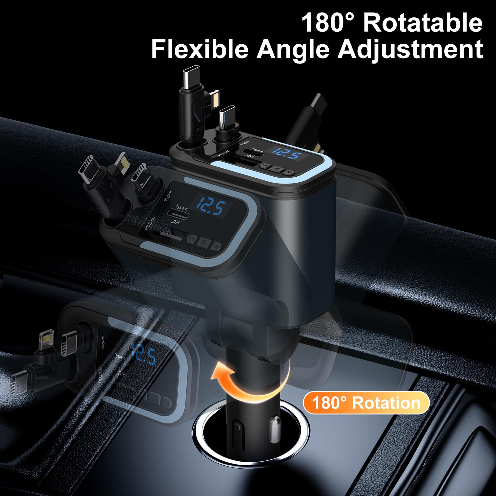 5-in-1 120W 30-Minutes Fast Flash Charging Retractable Car Charger, Wireless Bluetooth FM Transmitter, Type-C+USB-A Car Charger Adapter, Compatible with iPhone 17/16/15/14/13 Pro Max & Android Devices — view 5