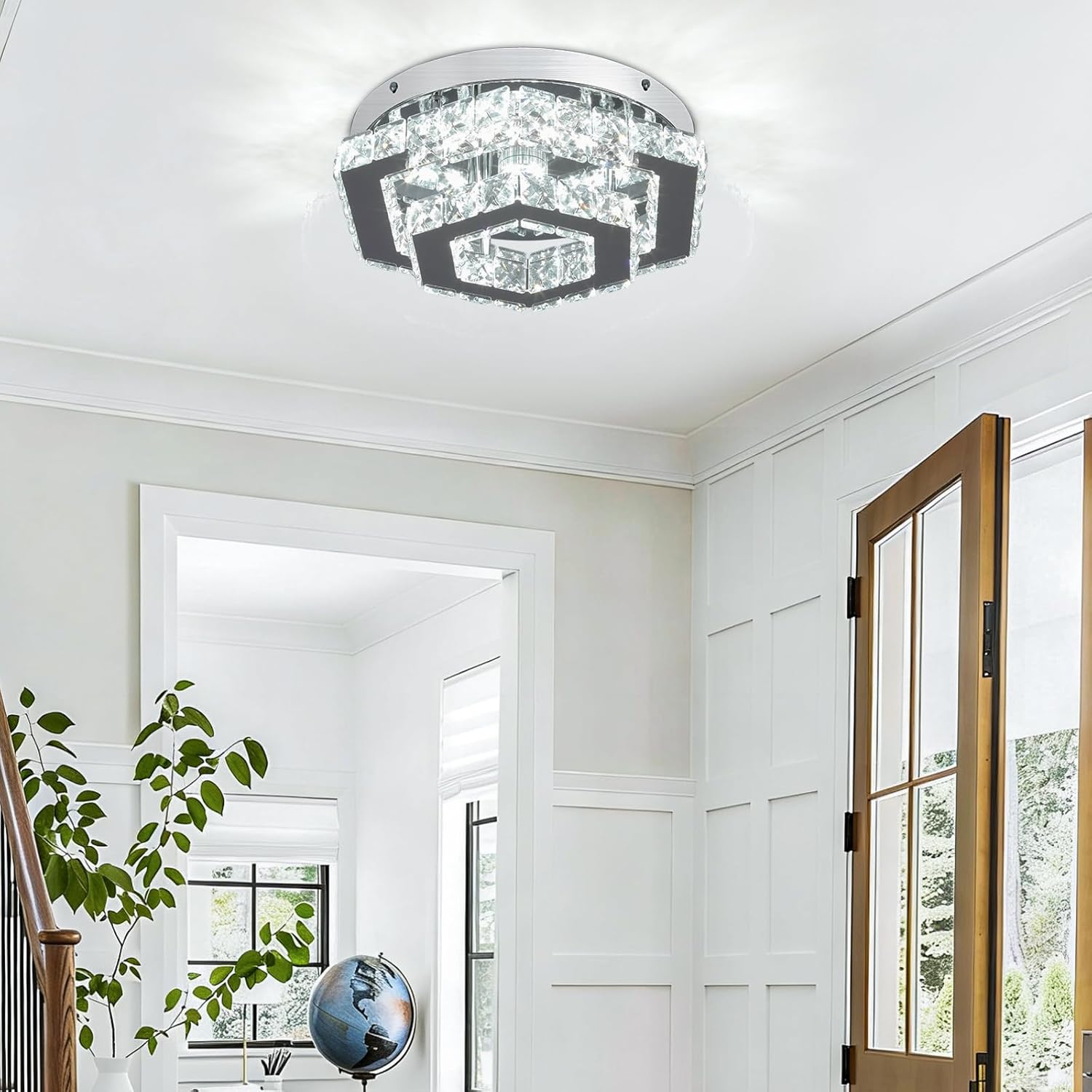 Modern Dimmable Hexagon K9 Crystal LED Flush Mount Ceiling Light, 45W 3600LM 3-CCT with Remote Luxury 2-Layer Crystal Chandelier for Bedroom Living Room Hallway Bathroom