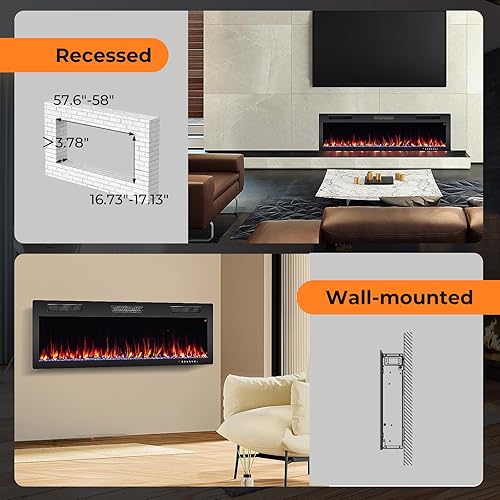 Miniatura 6 de GOFLAME Chimenea eléctrica de 60 pulgadas empotrada y montada en la pared, calentador eléctrico de chimenea de 750 W1500 W con control remoto,