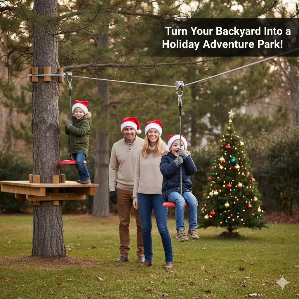 zip line for kids and adults, 150/100/200 ft backyard zipline kit, quick setup, 350 lb capacity, rustproof stainless steel cable, safety harness, smooth spring brake, comfortable cushioned seat 150' quick setup zipline kit