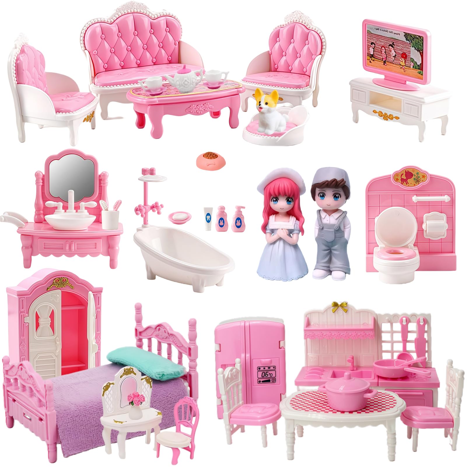 Princess Dollhouse Furniture Set, 48 Piece Luxury Miniature Accessories Collection with Living Room, Bathroom, Bedroom，Kitchen, TV Entertainment Set (