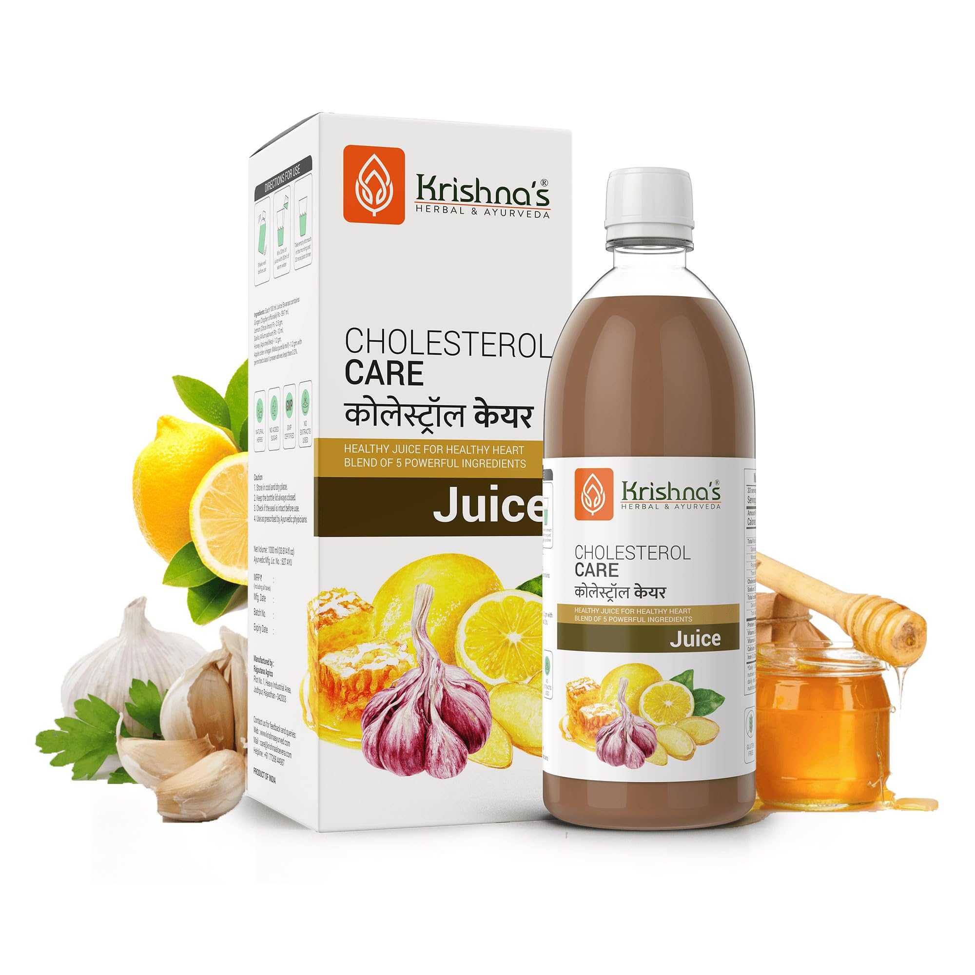 Krishna's Herbal & Ayurveda Cholesterol Care Juice - 1000 ml | Contains Honey with Apple Cider Ginger Garlic, Sugar Free, Helps in Digestion Heart Health, Health Drink, Made in India